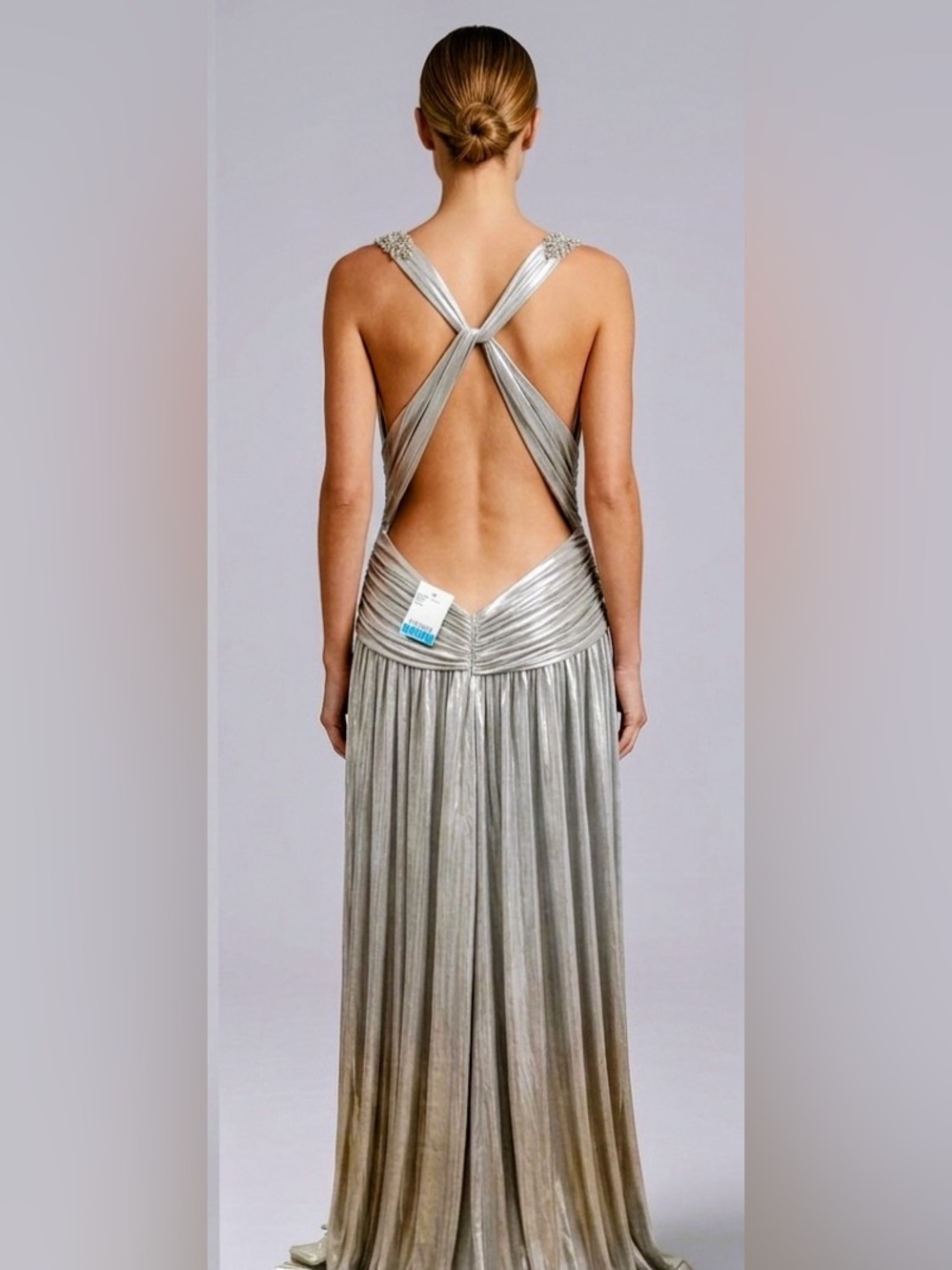 Faviana Silver Metallic Grecian Evening Gown Sz 16 - Picture 5 of 8